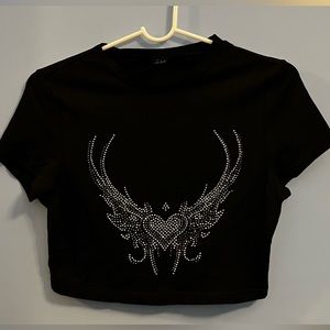 Bedazzled Heart with Wings Cropped Baby Tee